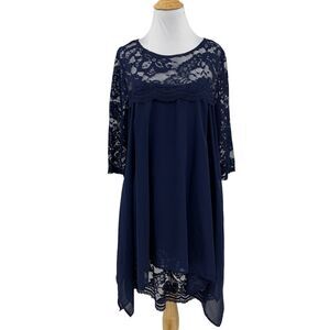 Noracora Dress Womens L Large Navy Blue Lace Chiffon Overlay Quarter Sleeve